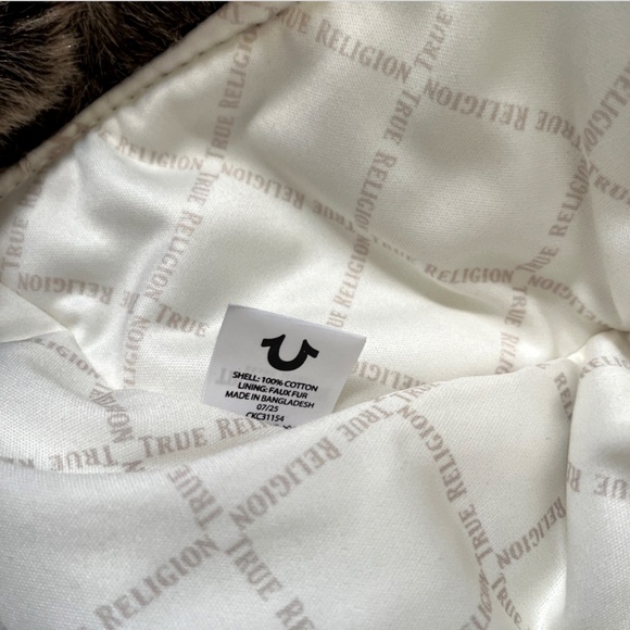 NWT True Religion Denim Faux Fur Trapper Aviator Hat Blue Plaid Logo Pocket - Picture 6 of 6